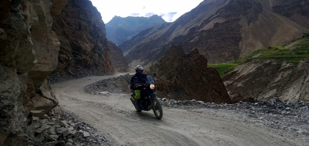 Motorcycle being ridden on a Himalayan road